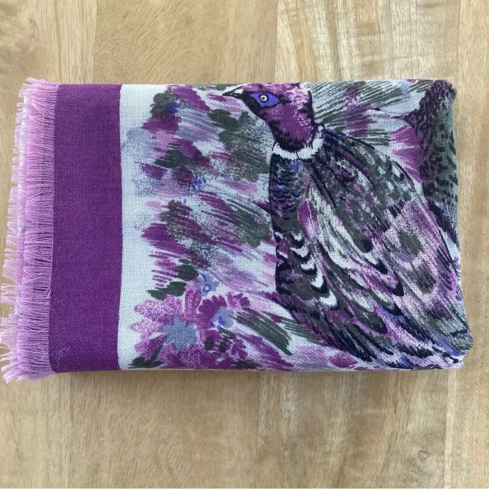 Challis Pheasant Print Equestrian Style Raw Hem Square Scarf